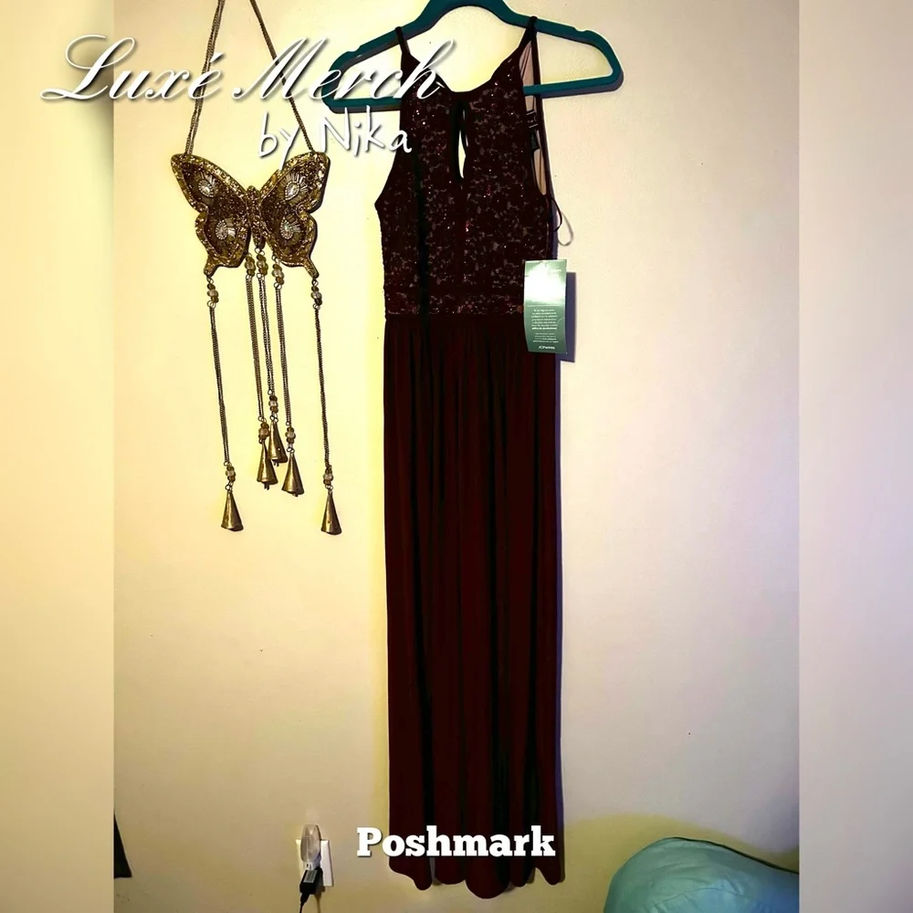 Morgan & Co Sequined Halter Maxi Formal Mermaid Dress - Color Merlot/Nude Size 5 - Picture 6 of 10